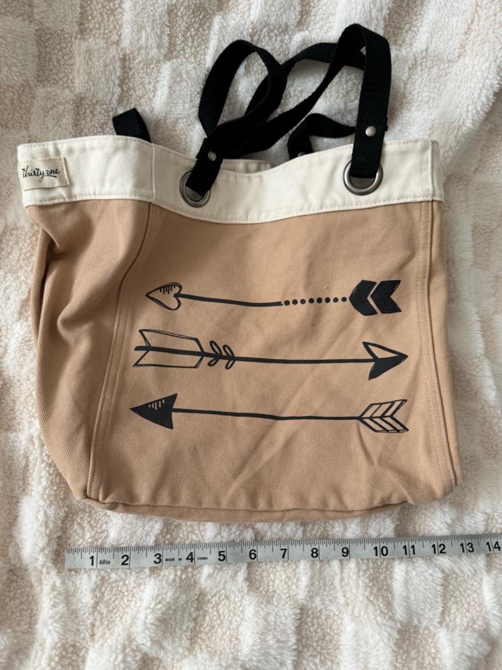 thirty-one Beige Canvas Tote with Black Arrow Graphic
